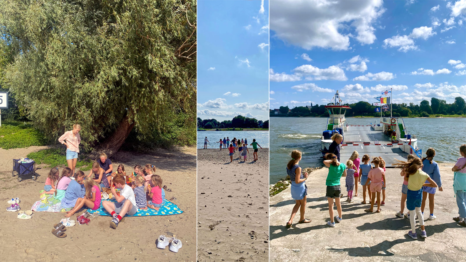 Collage aus 3 Bildern: Kinder am Flussufer, am Strand, an der Fähre